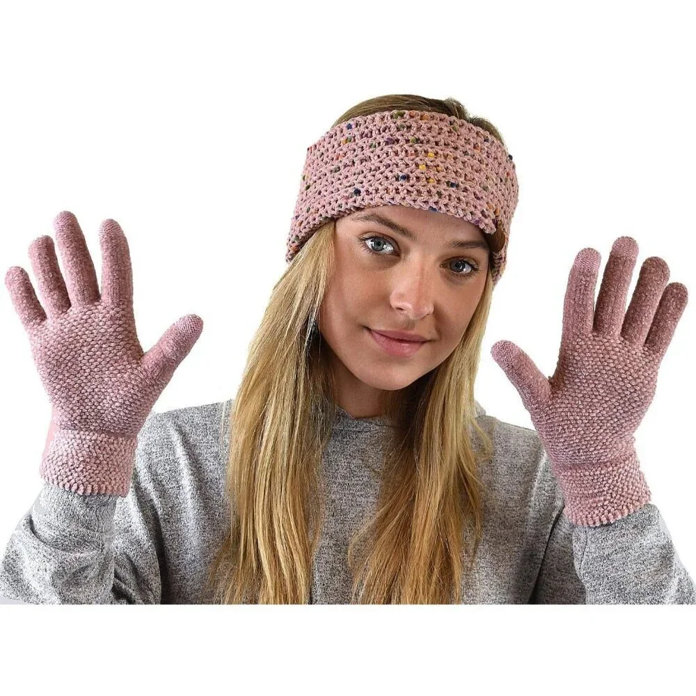 Women's Rose Winter Warm Eco-friendly Knit Chenille Touchscreen Texting Gloves